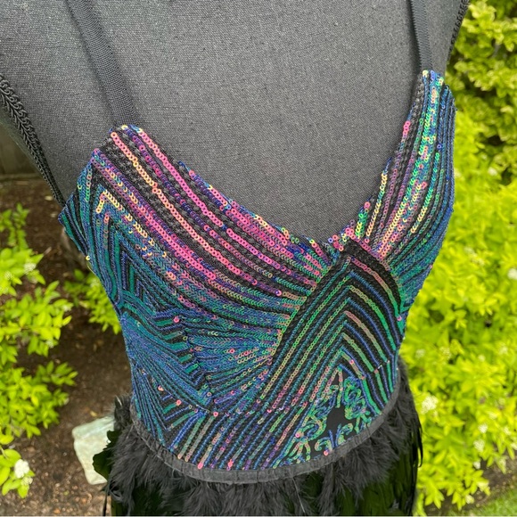 Sparkle & Shine Dress Short Sleeveless Spaghetti Strap Sequined with Feather - Picture 5 of 10